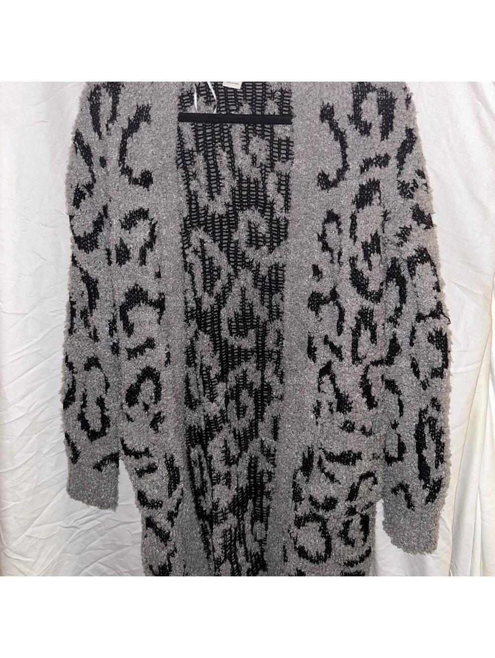 Rachel Zoe Gray and Black Leopard Print Long Cardigan Sweater